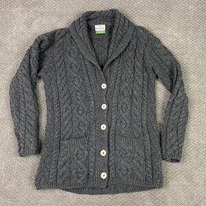 Shannon Woolen Mills Cardigan Sweater Large Grey Cable Knit Wool Aran Ireland